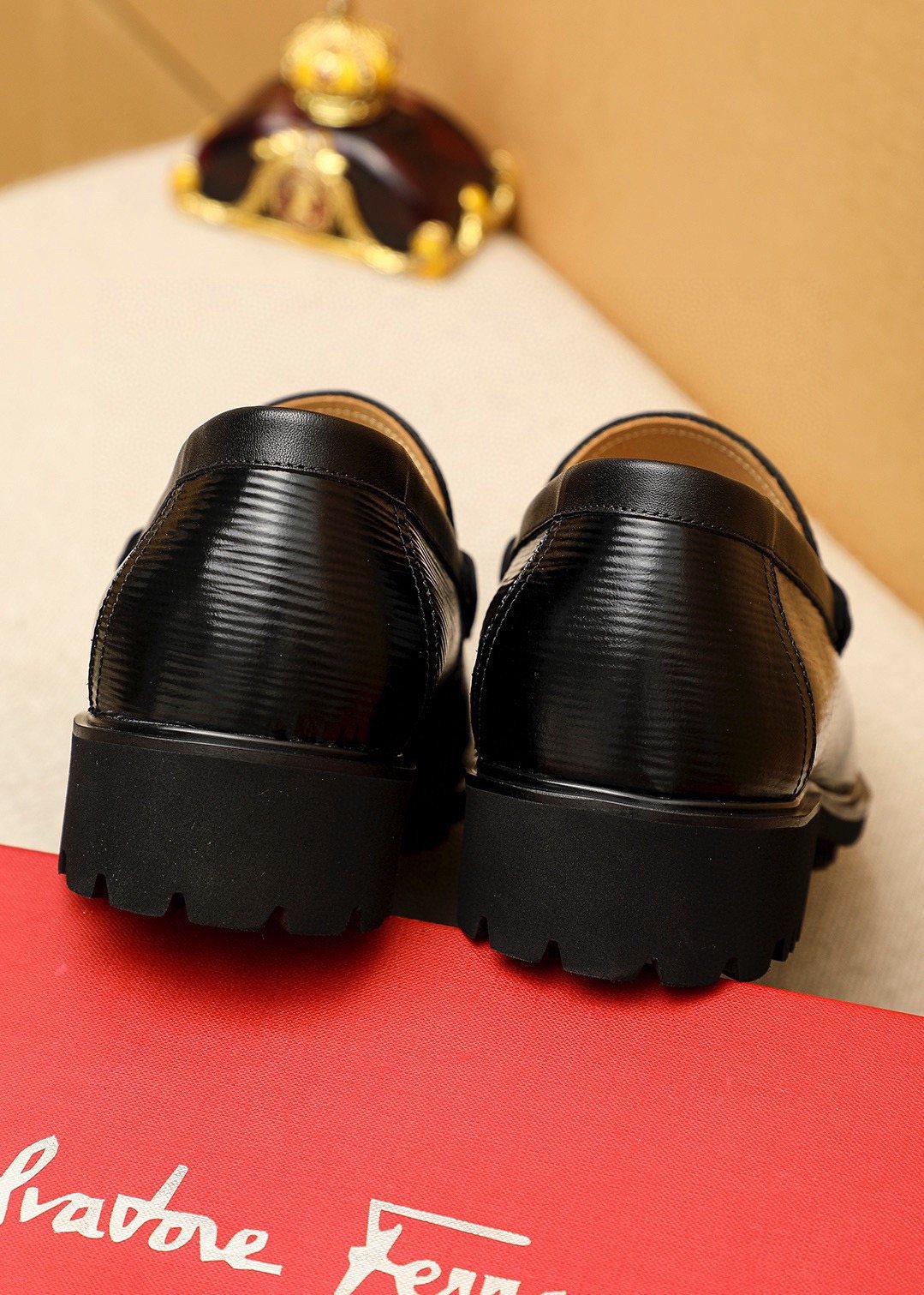 Ferragamo Black Textured Buckle Loafers — back