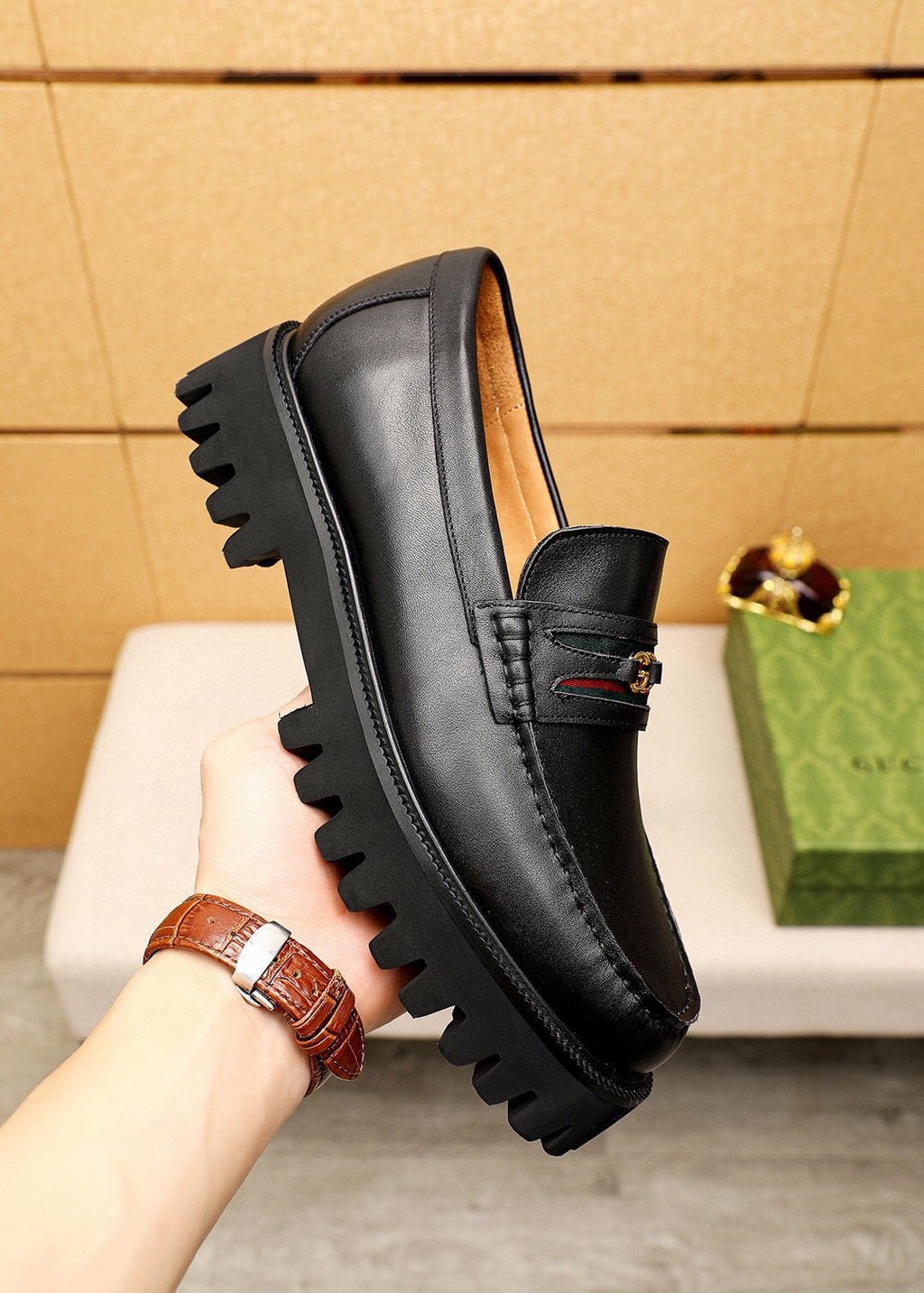 GUCCI Black Web-Accent Loafers — model