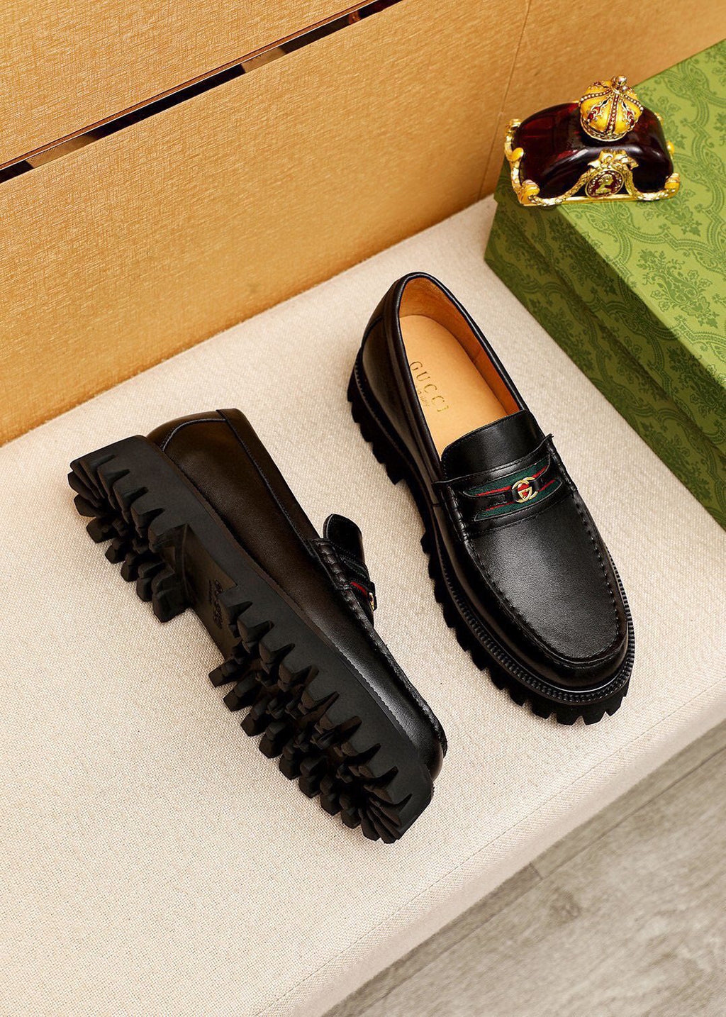 GUCCI Black Web-Accent Loafers — side