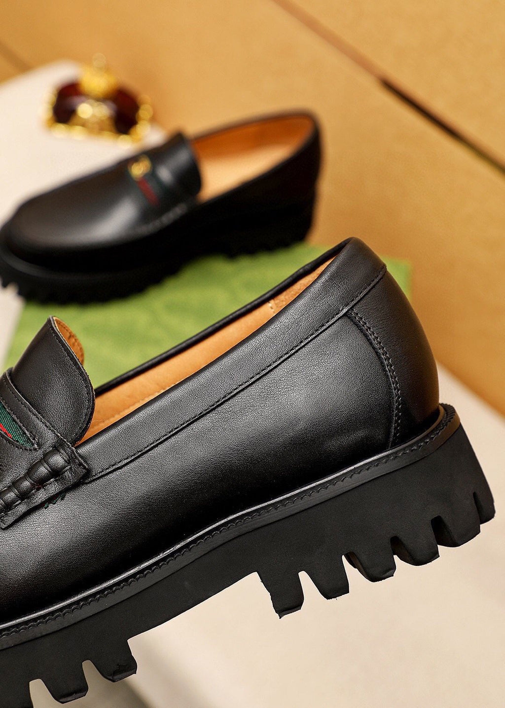 GUCCI Black Web-Accent Loafers — detail