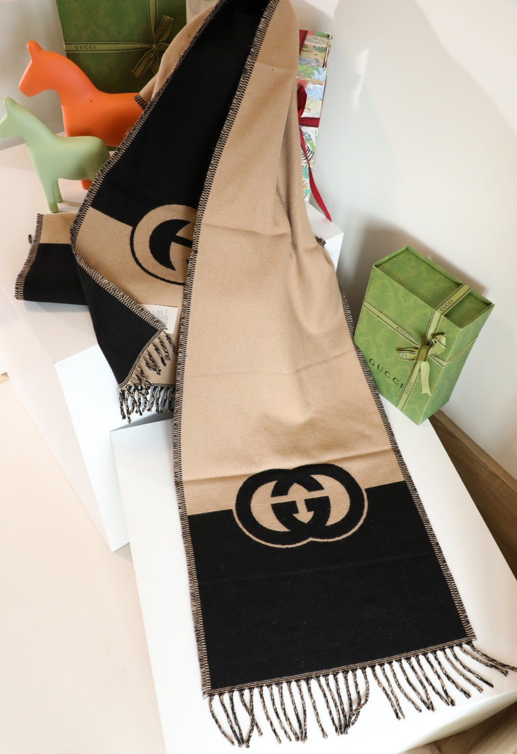 Gucci Beige and Black Fringed Scarf — front