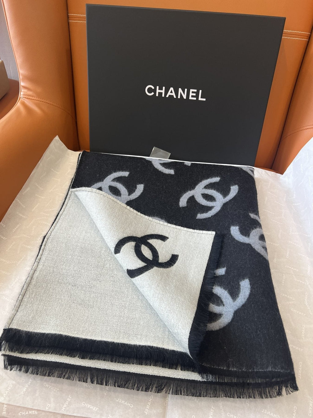 Chanel Reversible Black & Ivory Motif Shawl — front