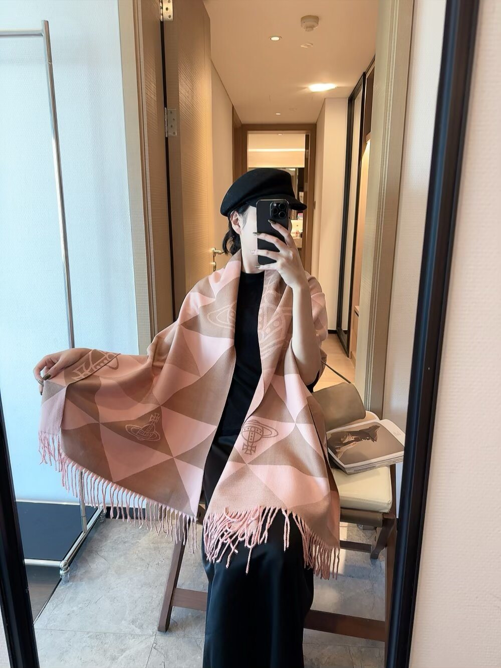 Vivienne Westwood Blush Pink Geometric Scarf — model
