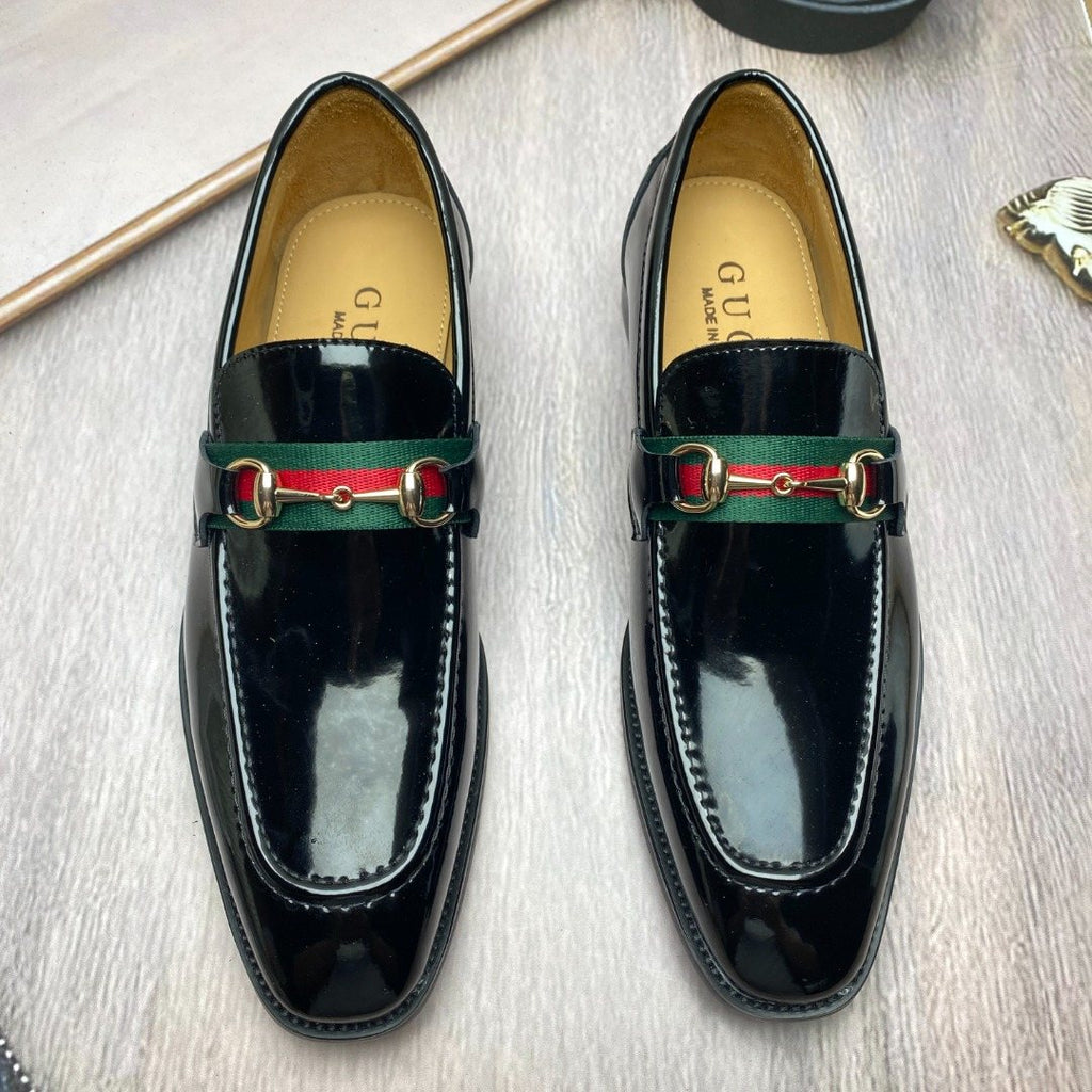 Gucci Black Patent Web Stripe Loafers — hero