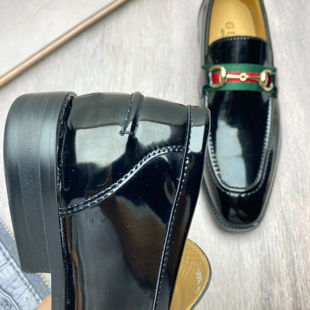Gucci Black Patent Web Stripe Loafers — side