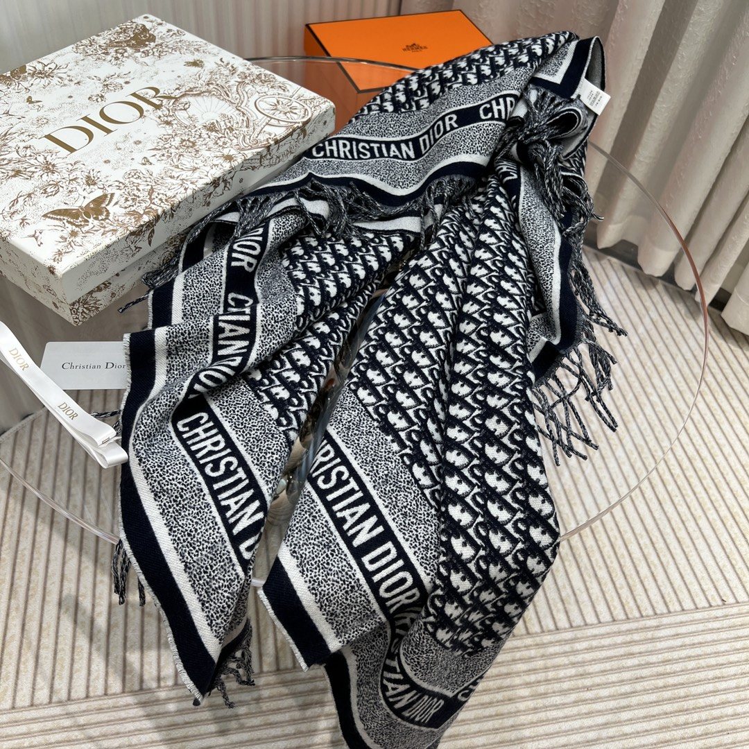 Dior Black & Ivory Fringed Shawl — front