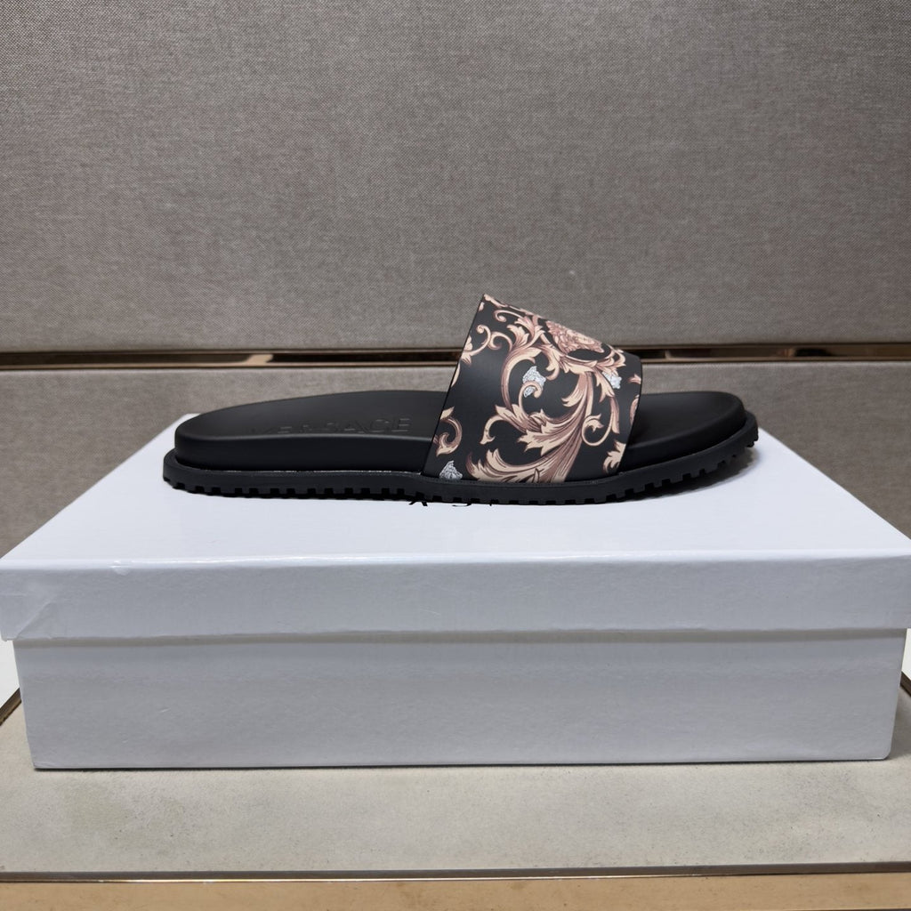 Versace Black Ornamental Strap Slide Sandals — hero