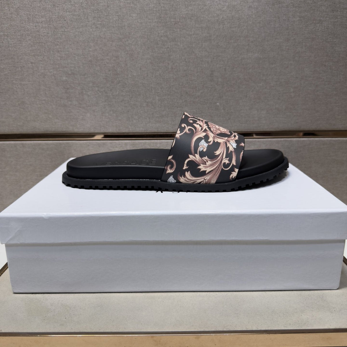 Versace Black Ornamental Strap Slide Sandals — hero