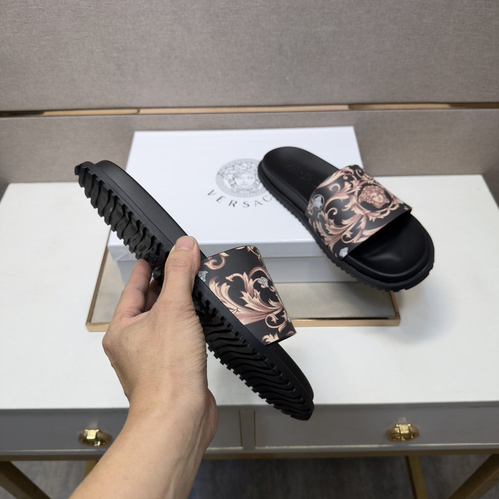 Versace Black Ornamental Strap Slide Sandals — detail