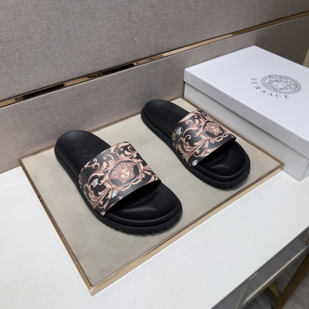 Versace Black Ornamental Strap Slide Sandals — front
