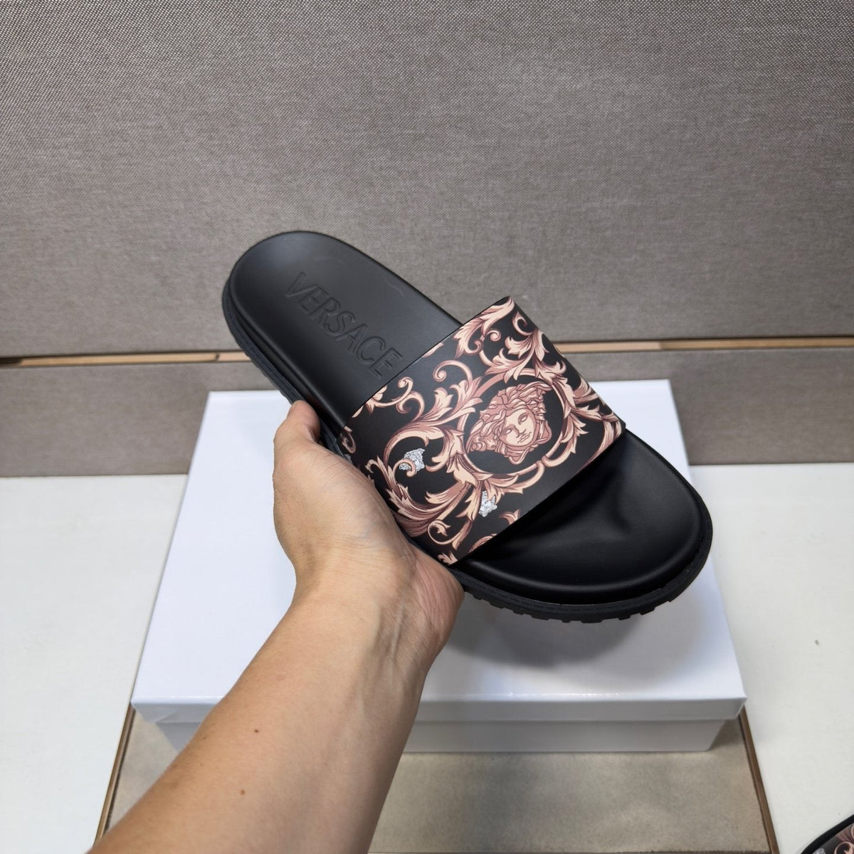 Versace Black Ornamental Strap Slide Sandals — model