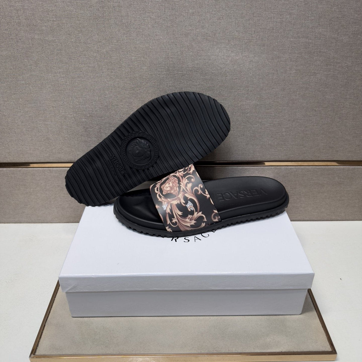 Versace Black Ornamental Strap Slide Sandals — detail