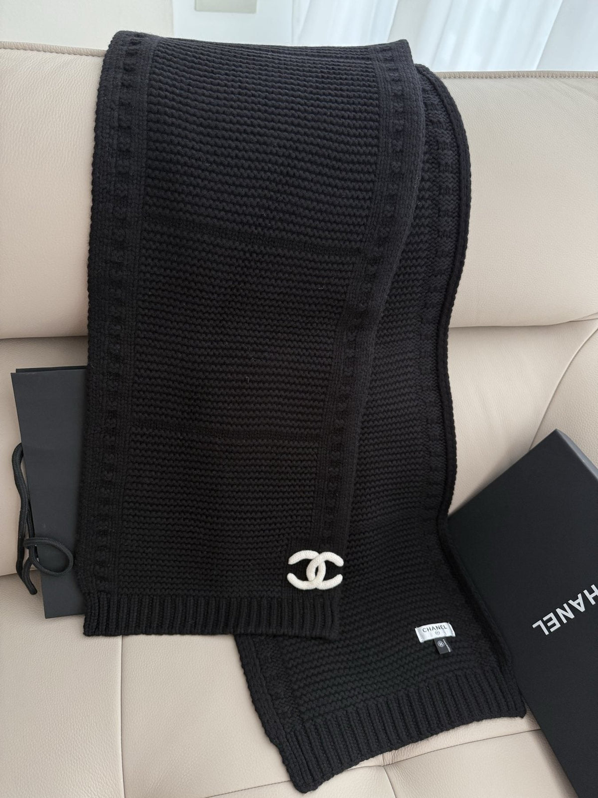 Chanel Black Rib-Knit Logo Scarf — back