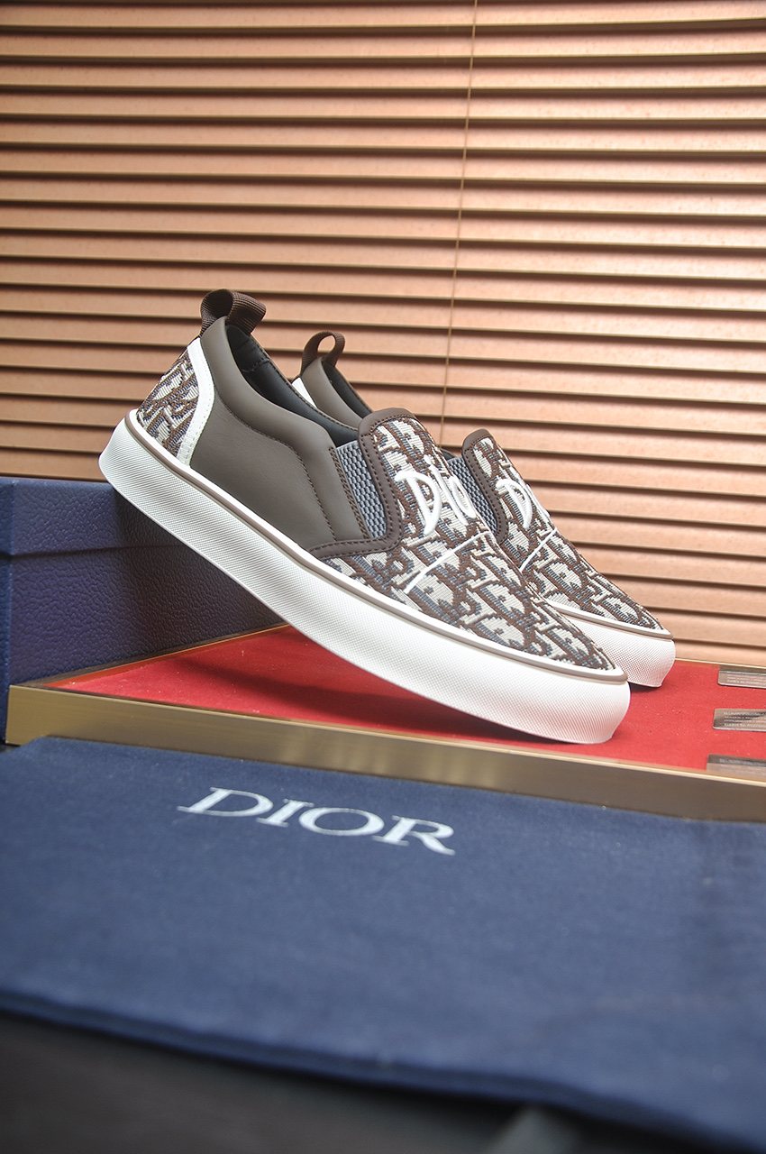 Dior Taupe Patterned Slip-On Sneakers — front