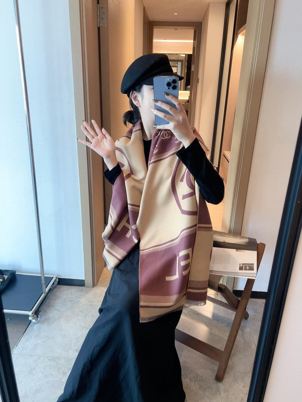 Chanel Burgundy Beige Motif Scarf — model