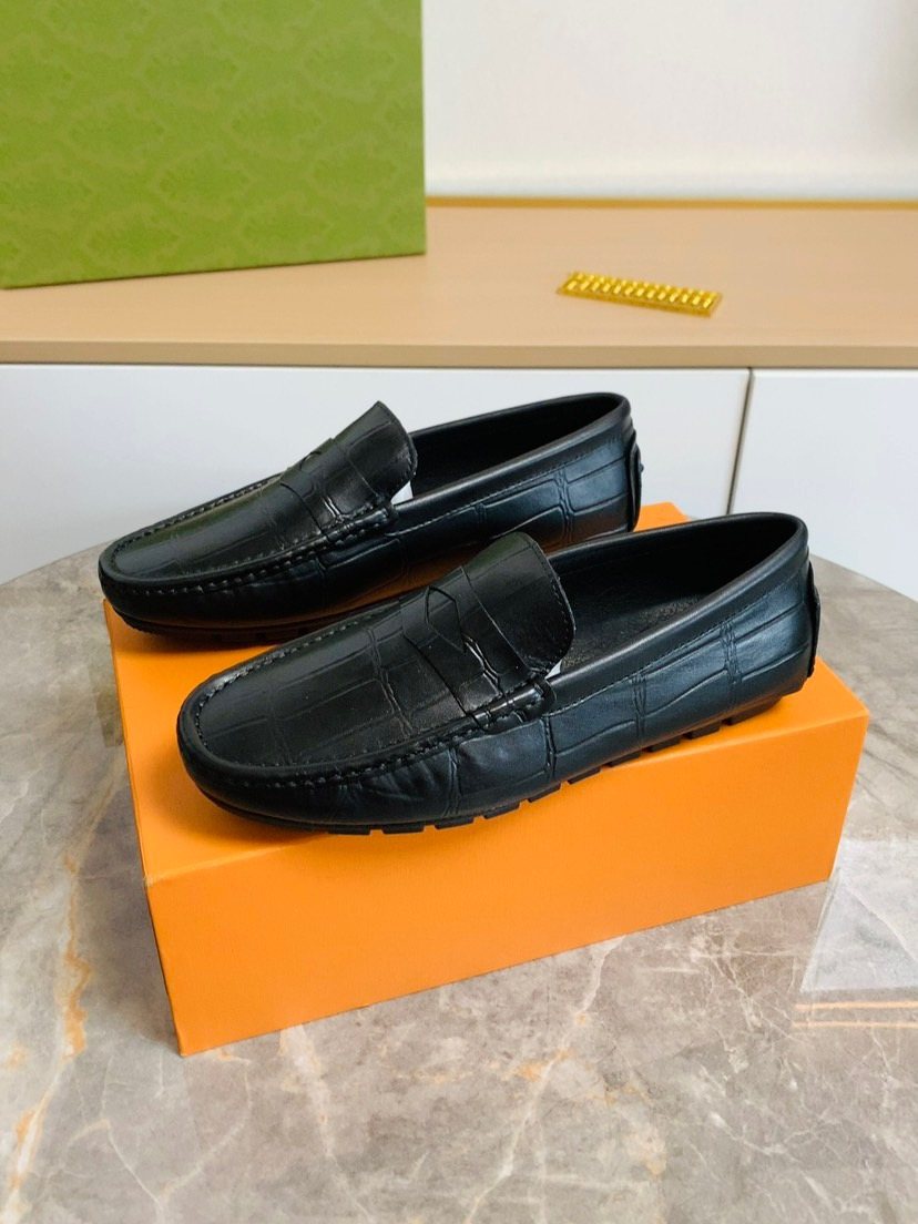 Louis Vuitton Black Leather Slip-On Loafers — front