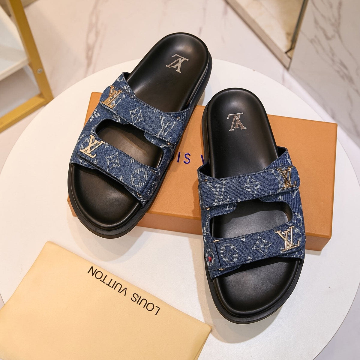 Louis Vuitton Blue Monogram Slide Sandals — front