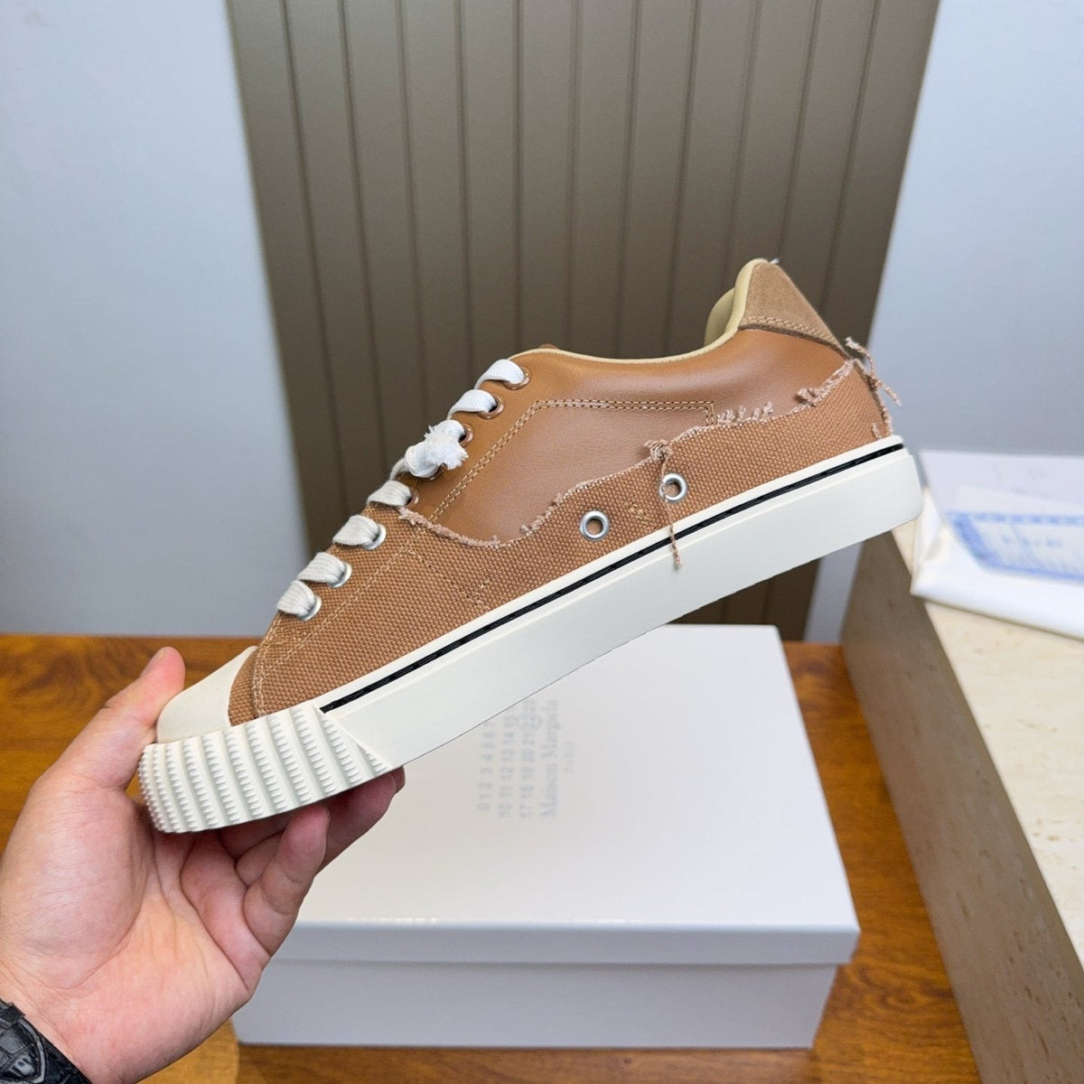 Maison Margiela Brown Off-White Low-Top Sneakers — side