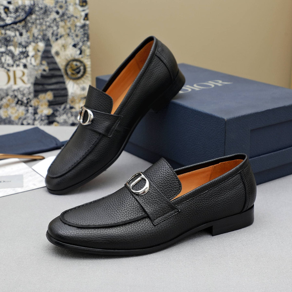 Dior Black Pebbled Leather Loafers — side