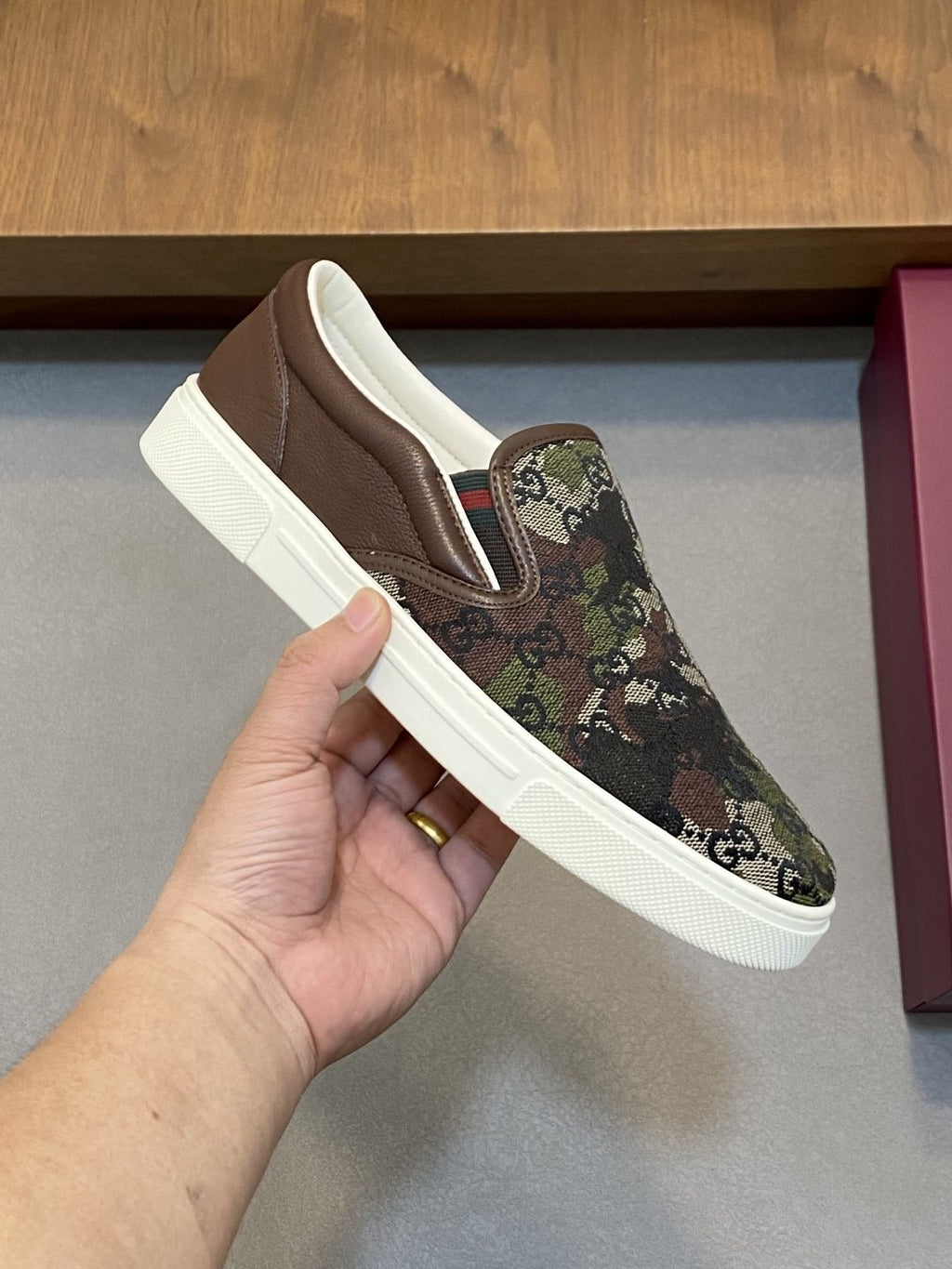 Gucci Dark Brown Patterned Slip-On Sneakers — model