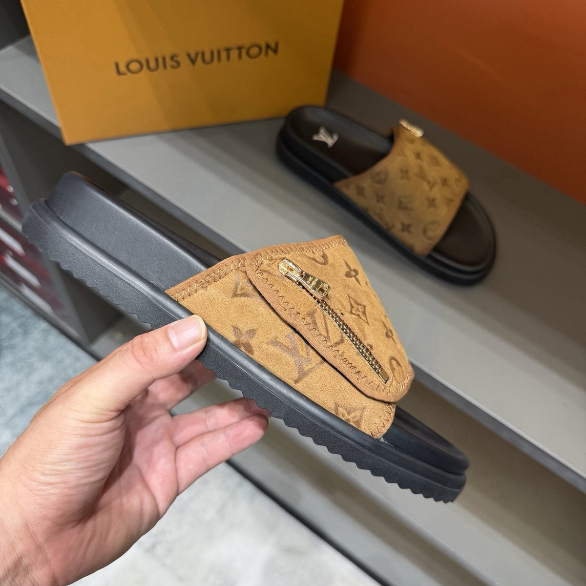 Louis Vuitton Tan Monogram Slide Sandals — model