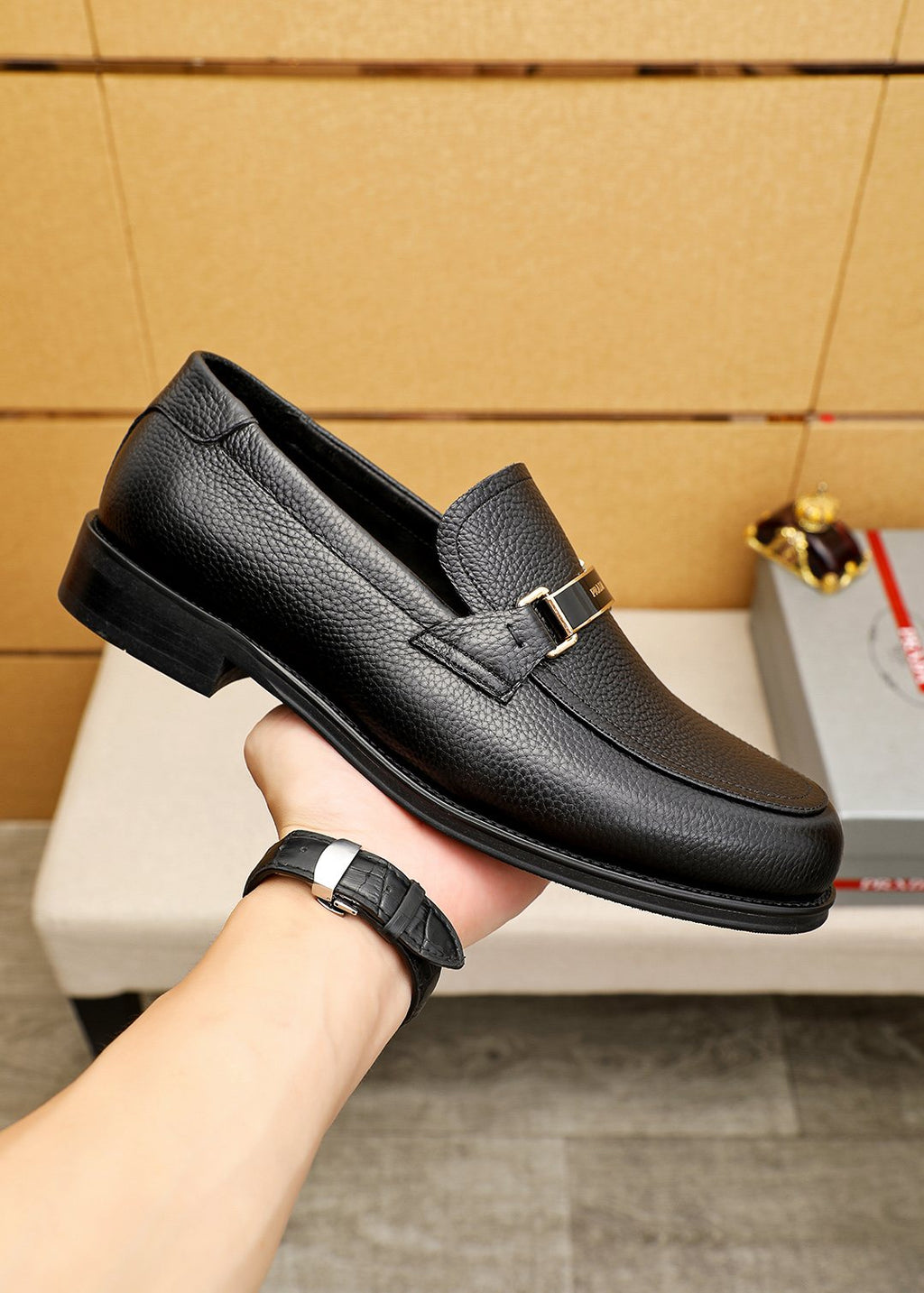 PRADA Black Buckle Loafers — side