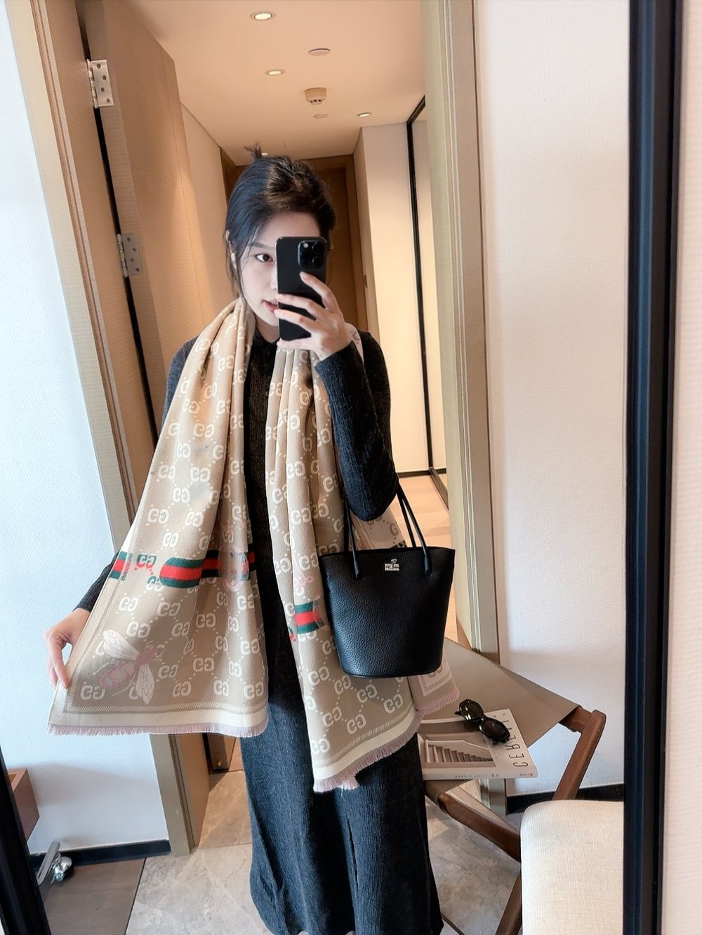 Fringed Geometric Motif Scarf — model