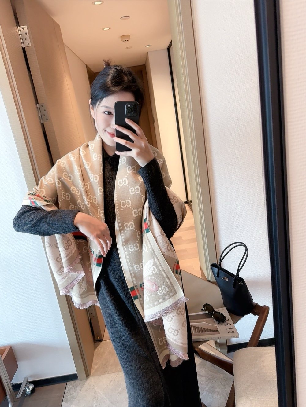 Blush Beige Patterned Fringe Scarf — model