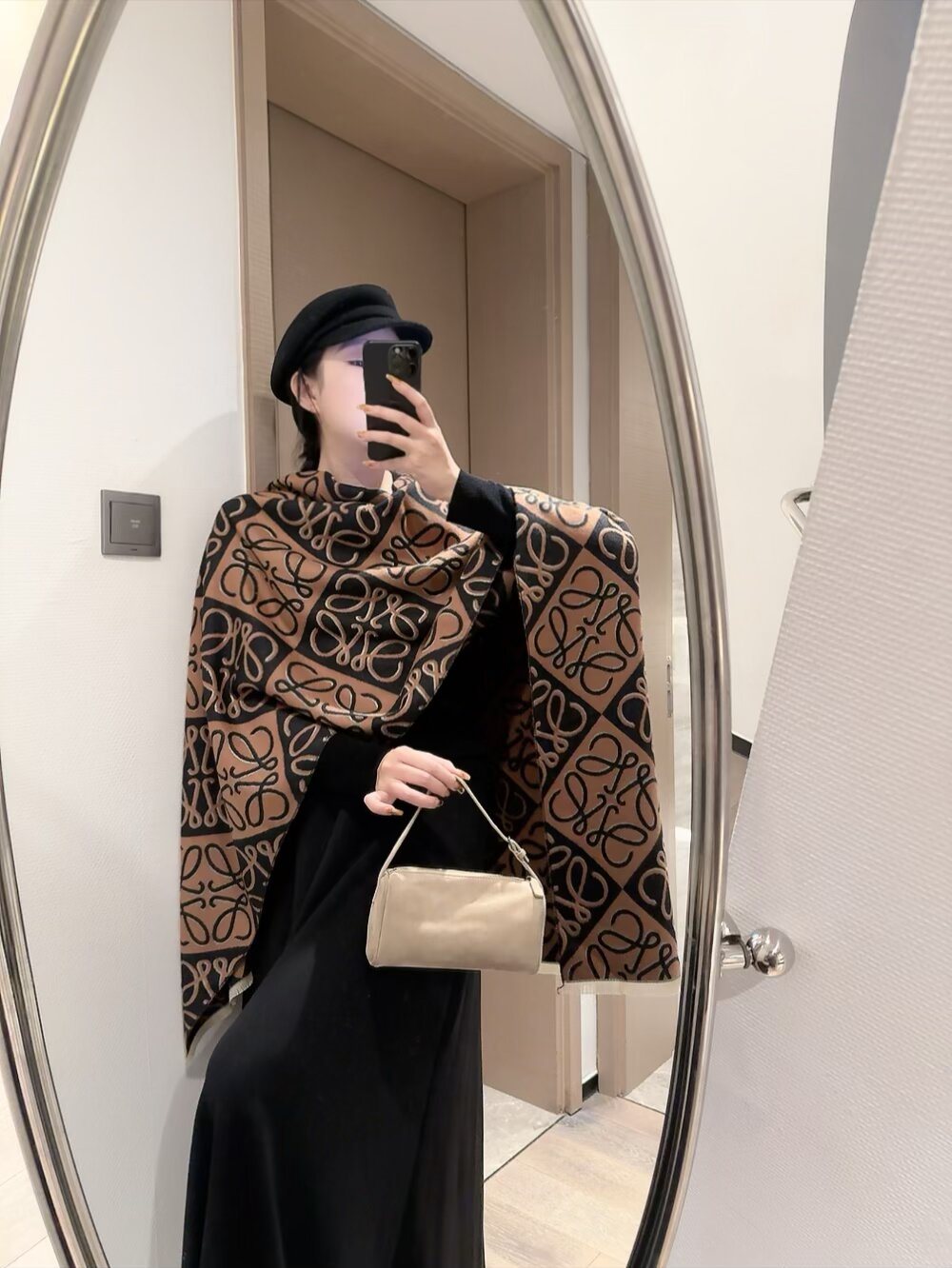 Loewe Taupe Graphic Motif Scarf — model