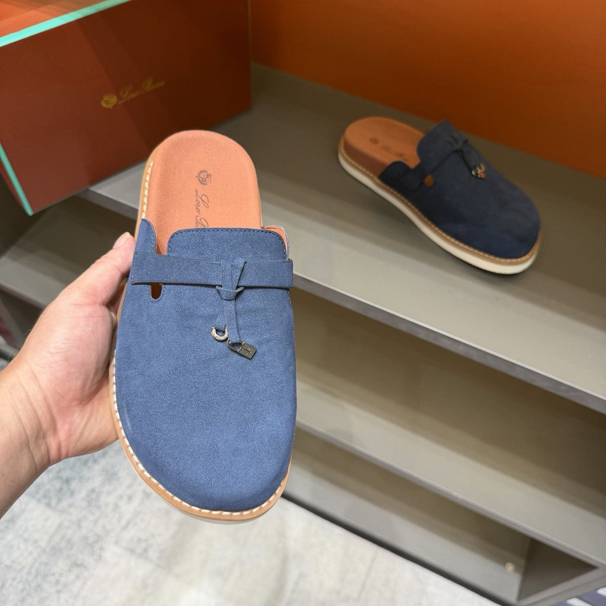 Navy Blue Slip-On Mule Loafers — front
