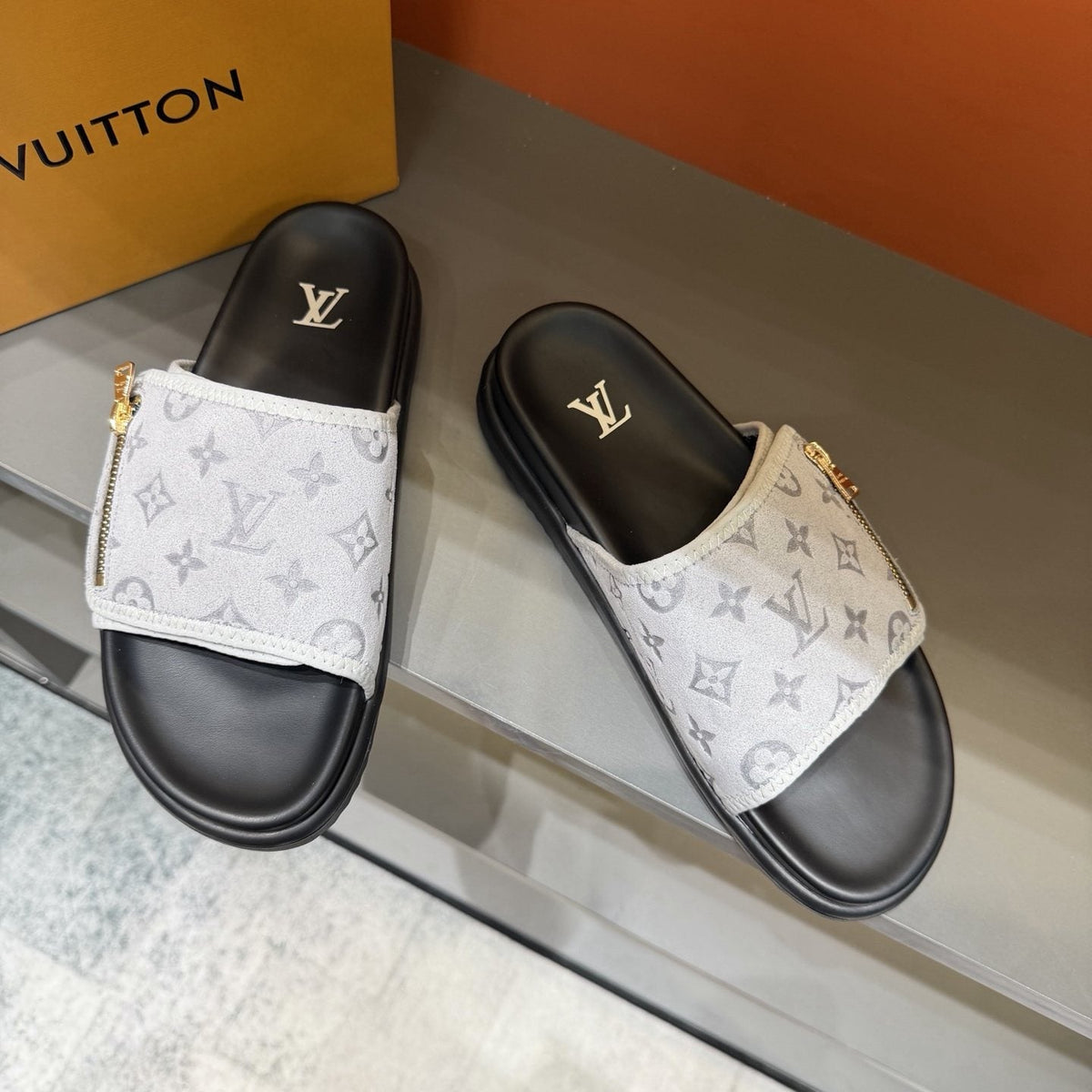 Louis Vuitton White Monogram Slide Sandals — side