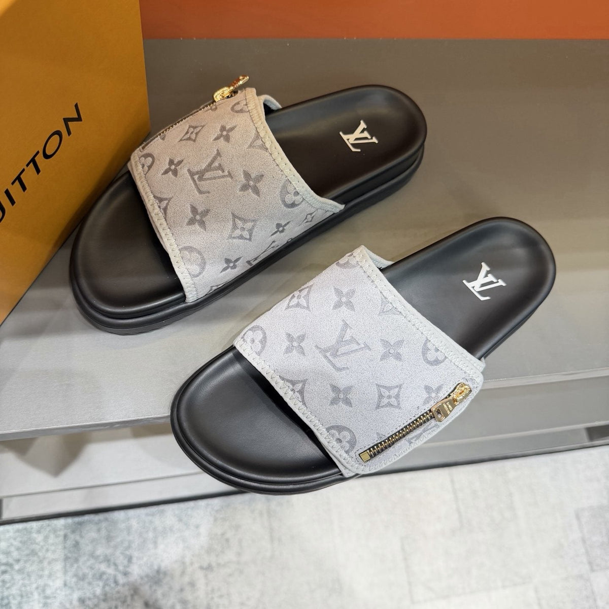 Louis Vuitton White Monogram Slide Sandals — detail