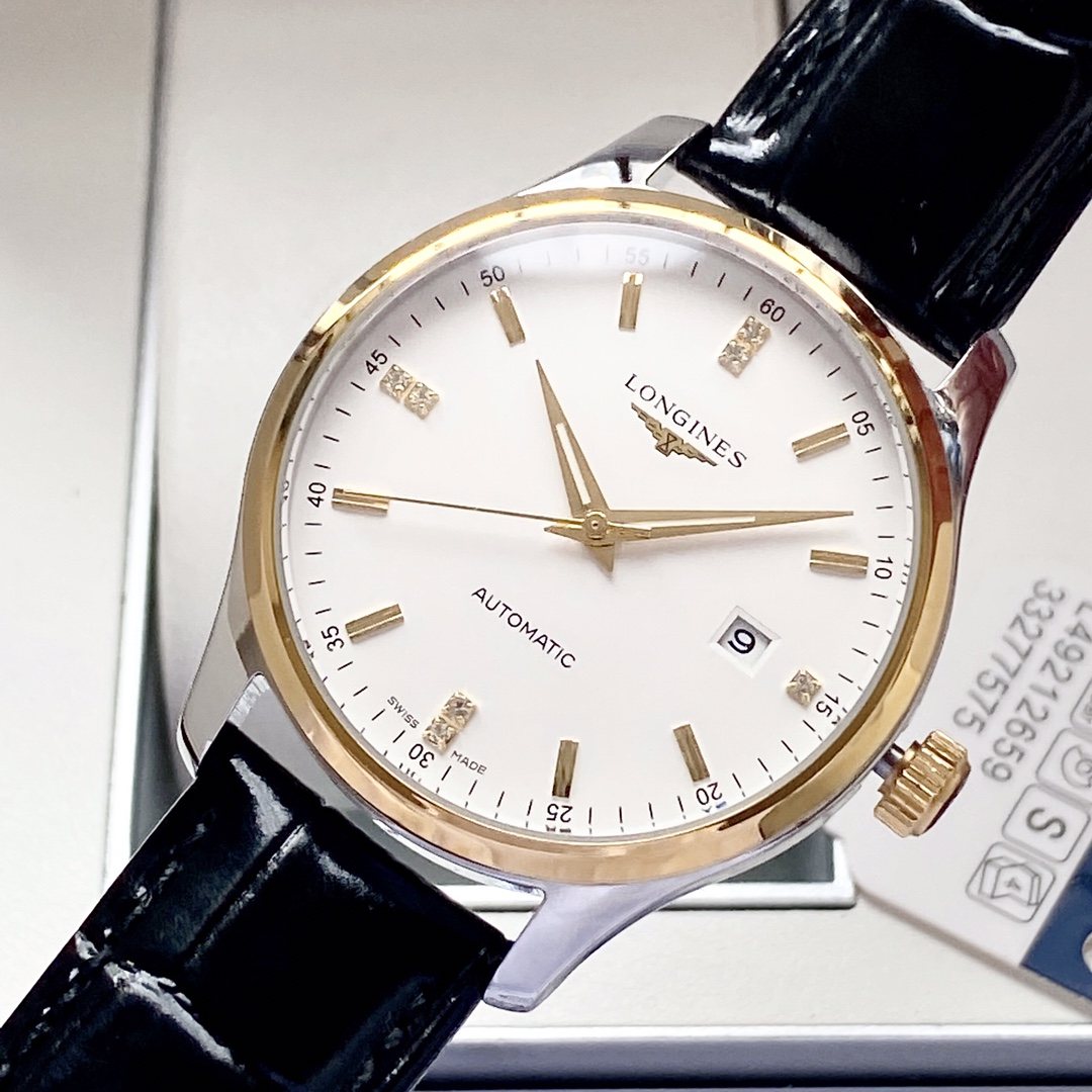 Longines Gold Black White Dial Leather Strap Watch — side