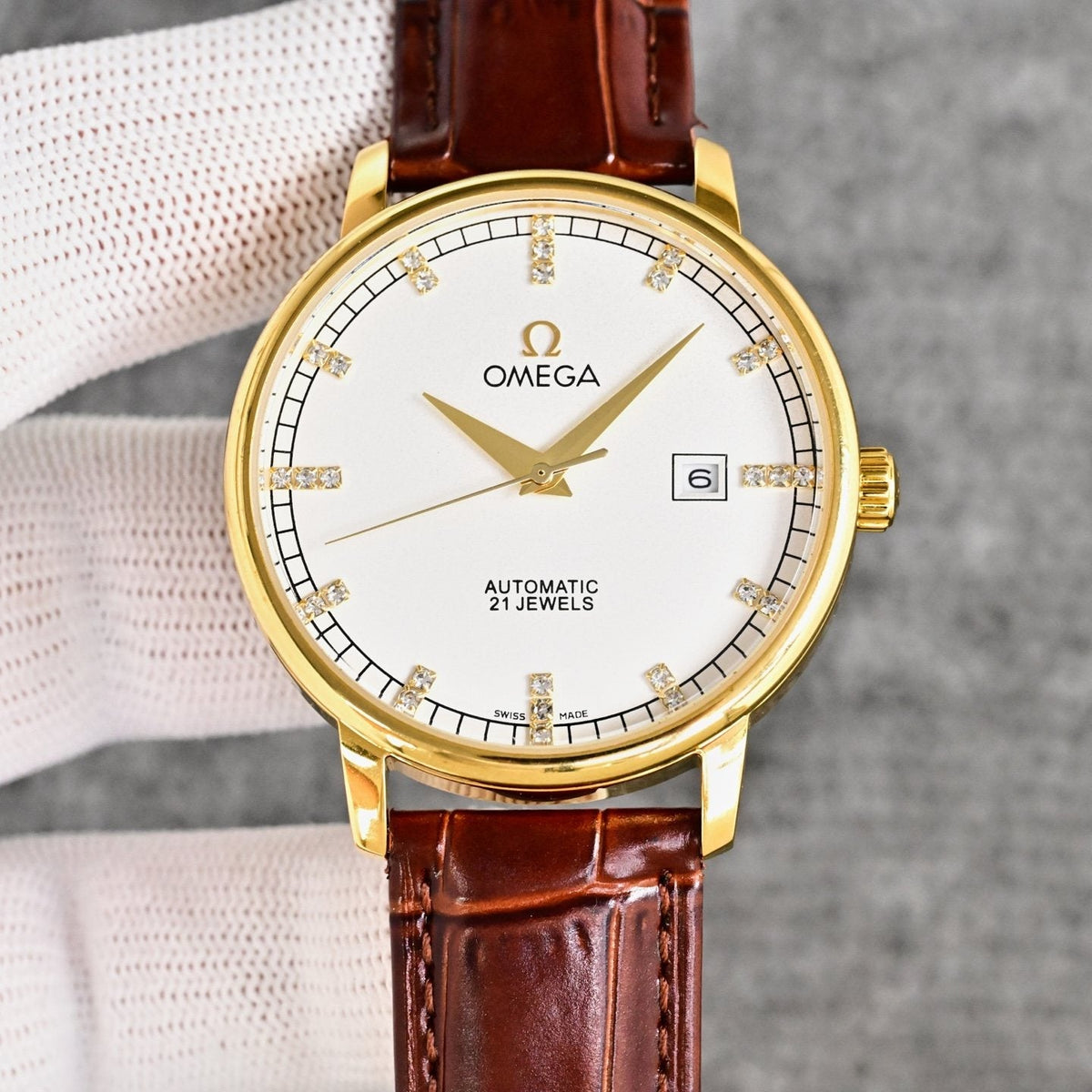 Omega Gold Brown White Dial Strap Watch — front