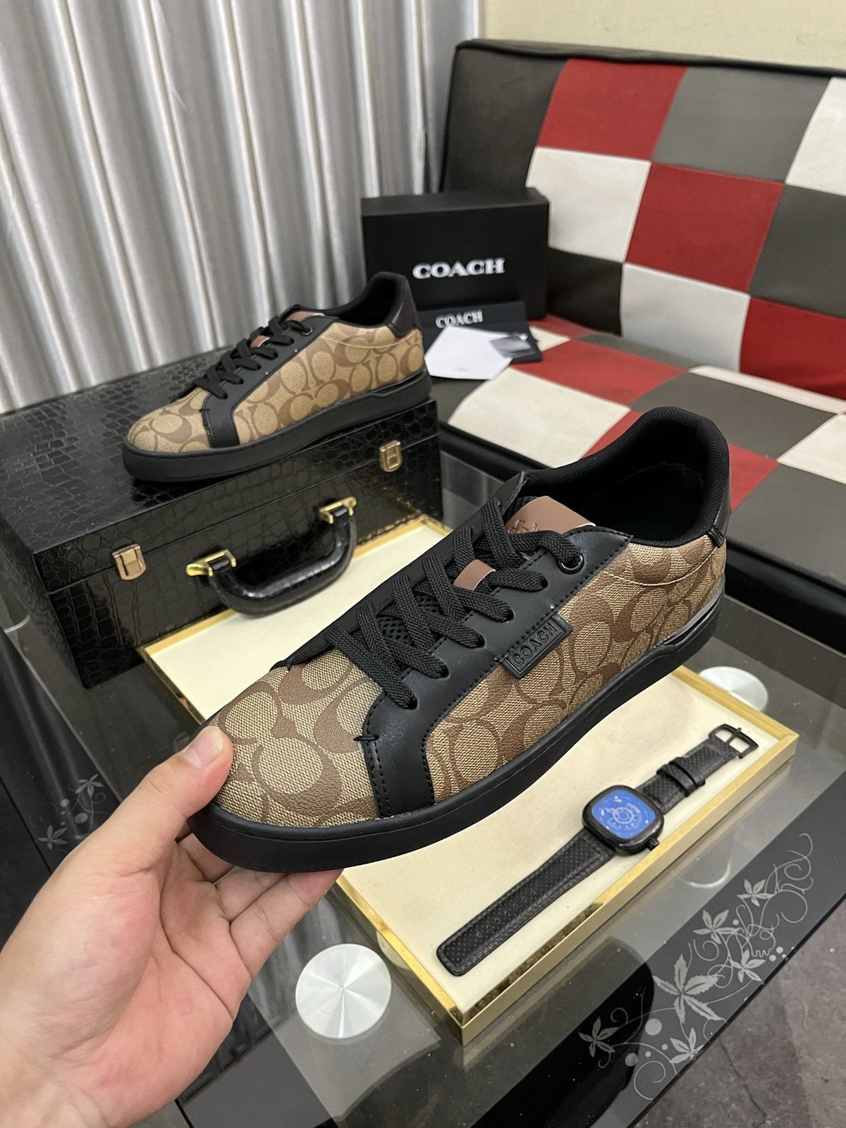 Coach Brown and Black Patterned Low-Top Sneakers — model