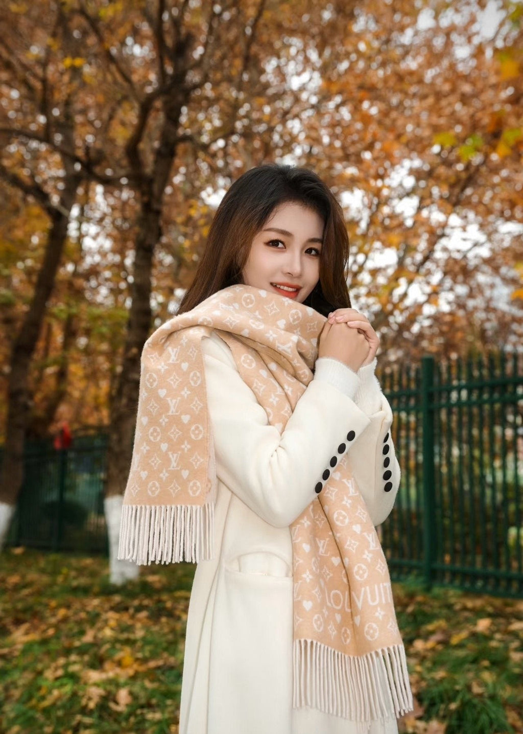 Louis Vuitton Beige & Ivory Monogram Fringed Scarf — model