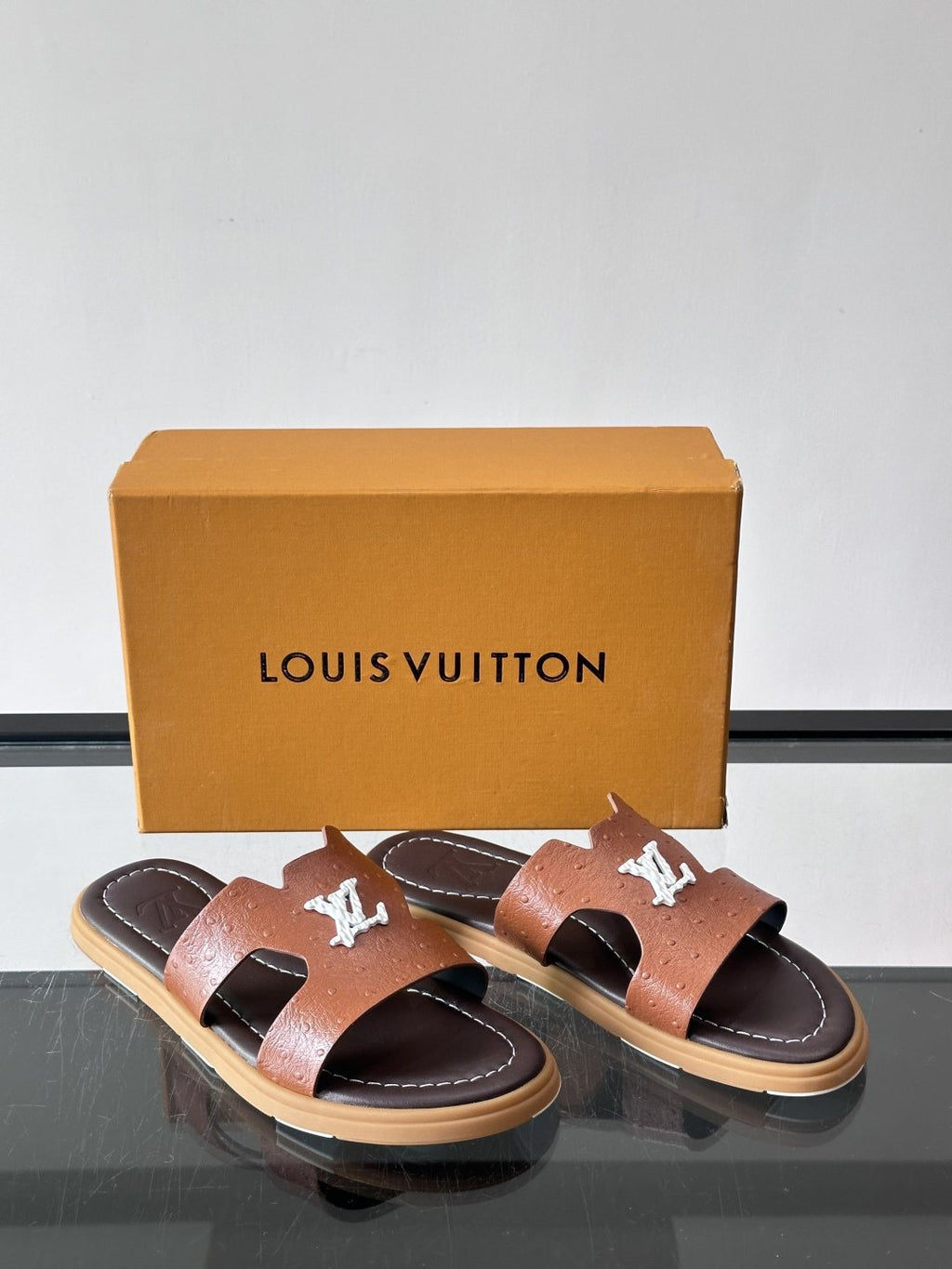 Louis Vuitton Brown Logo Slide Sandals — front
