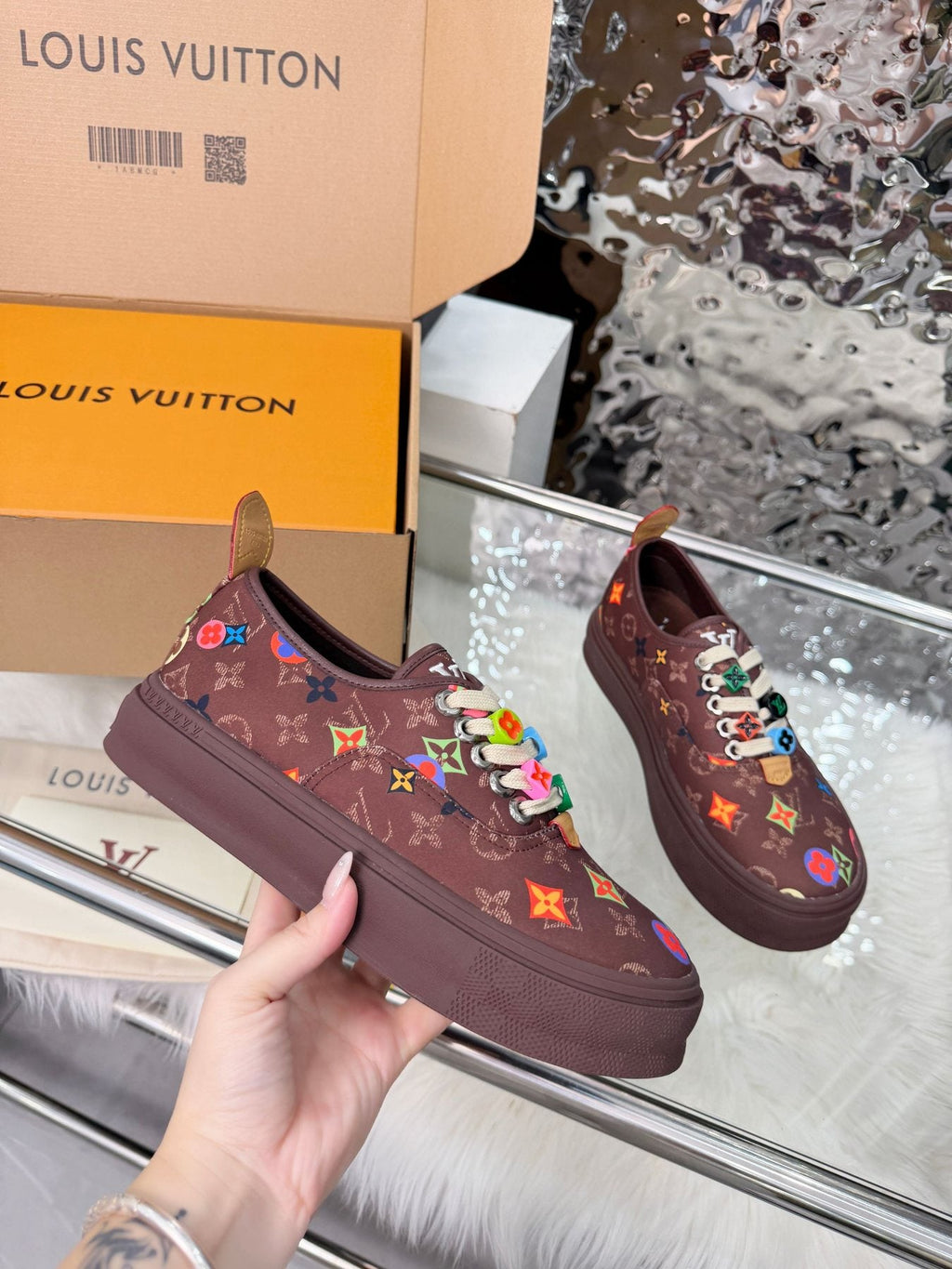 Louis Vuitton Burgundy Motif Low-Top Sneakers — side