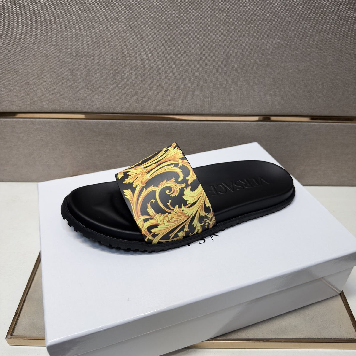 Versace Gold Patterned Strap Slide Sandals — model