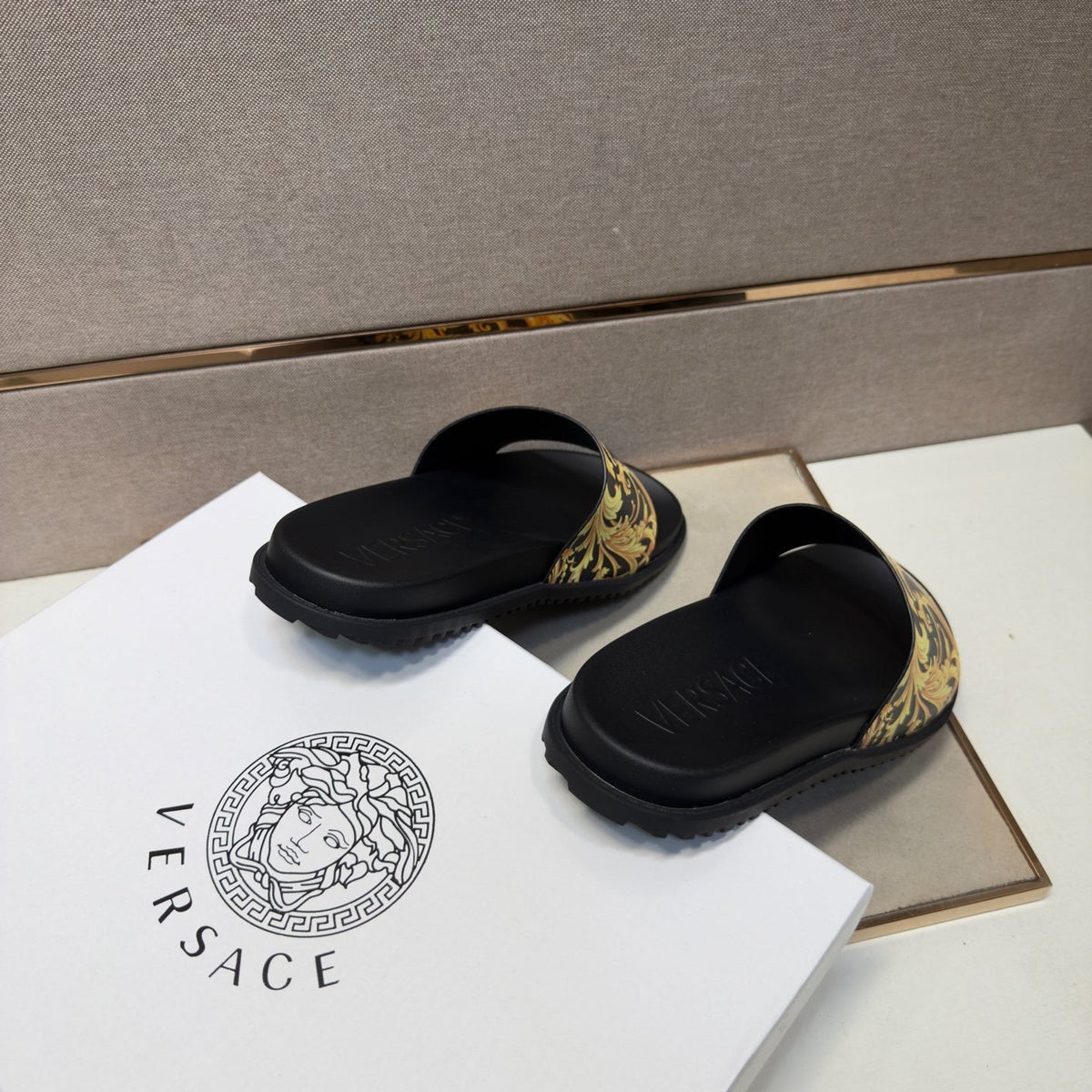 Versace Gold Patterned Strap Slide Sandals — front