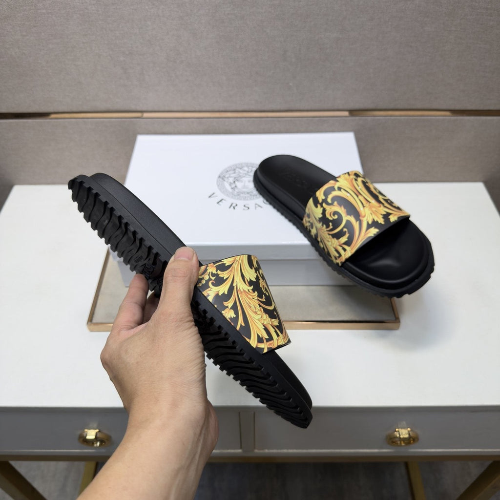 Versace Gold Patterned Strap Slide Sandals — front