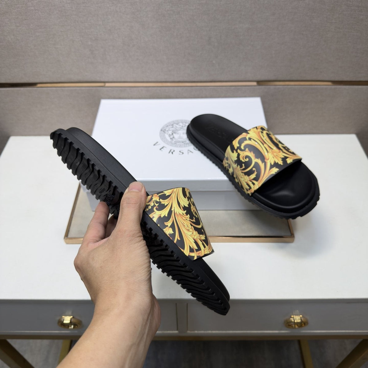 Versace Gold Patterned Strap Slide Sandals — front