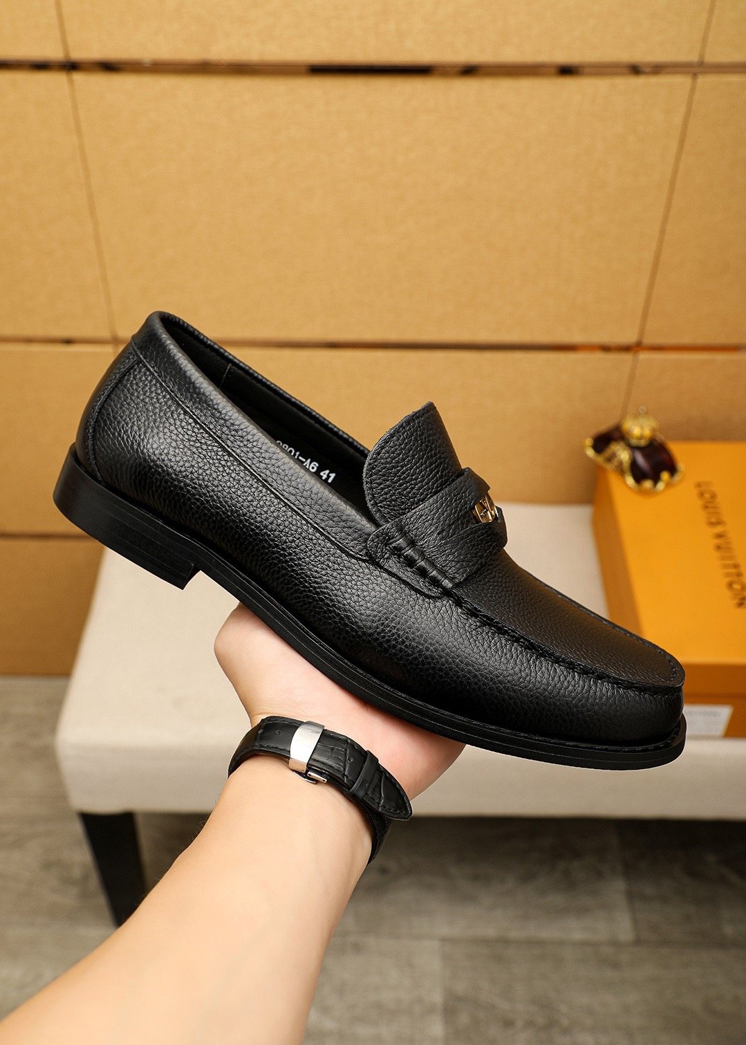 Louis Vuitton Black Pebbled Leather Loafers — model