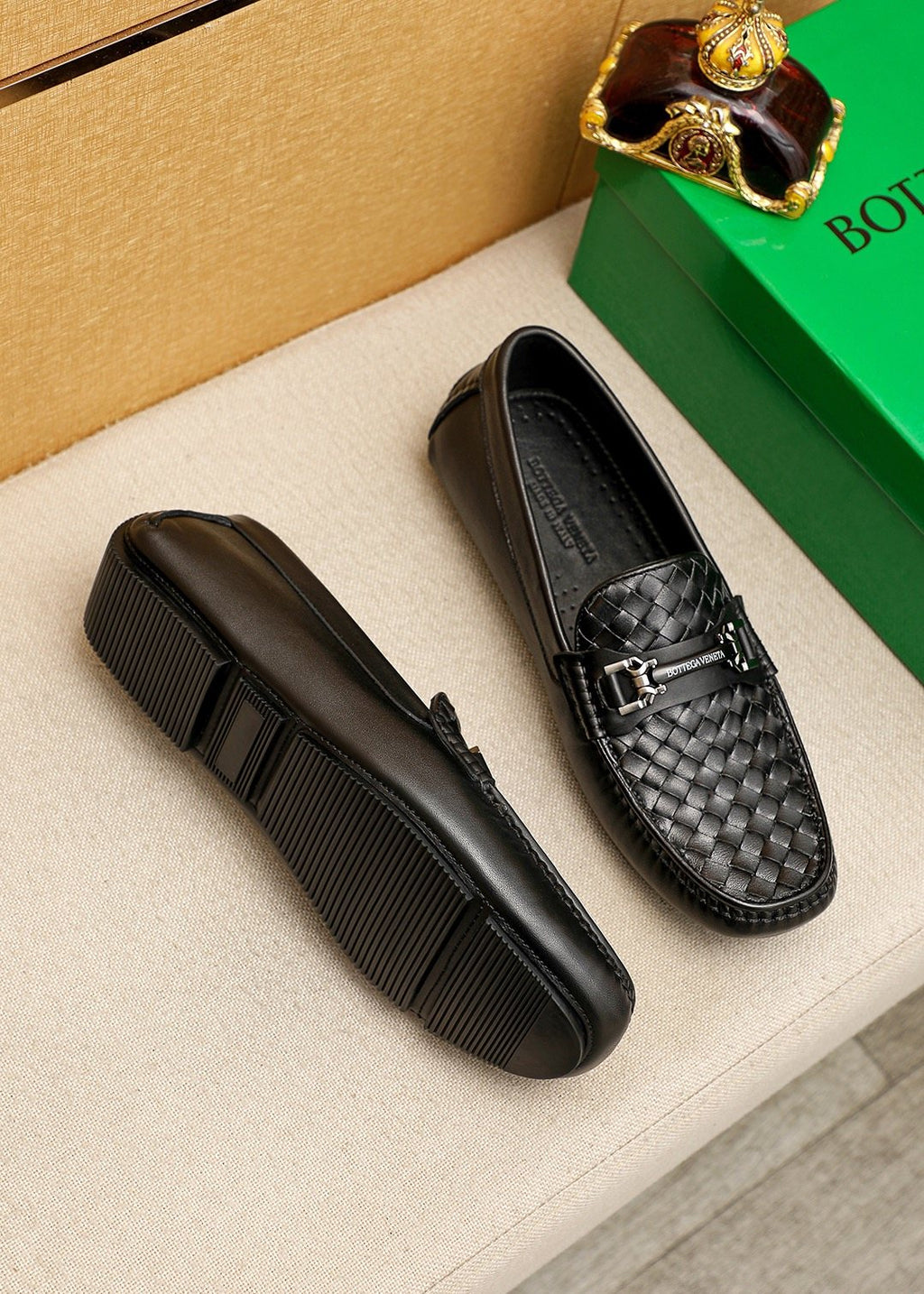 Bottega Veneta Black Woven Slip-On Loafers — front