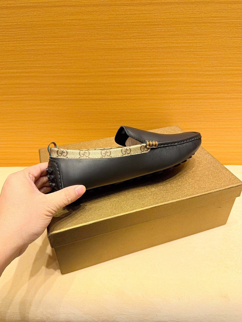 Gucci Black Loafers with Patterned Trim — side