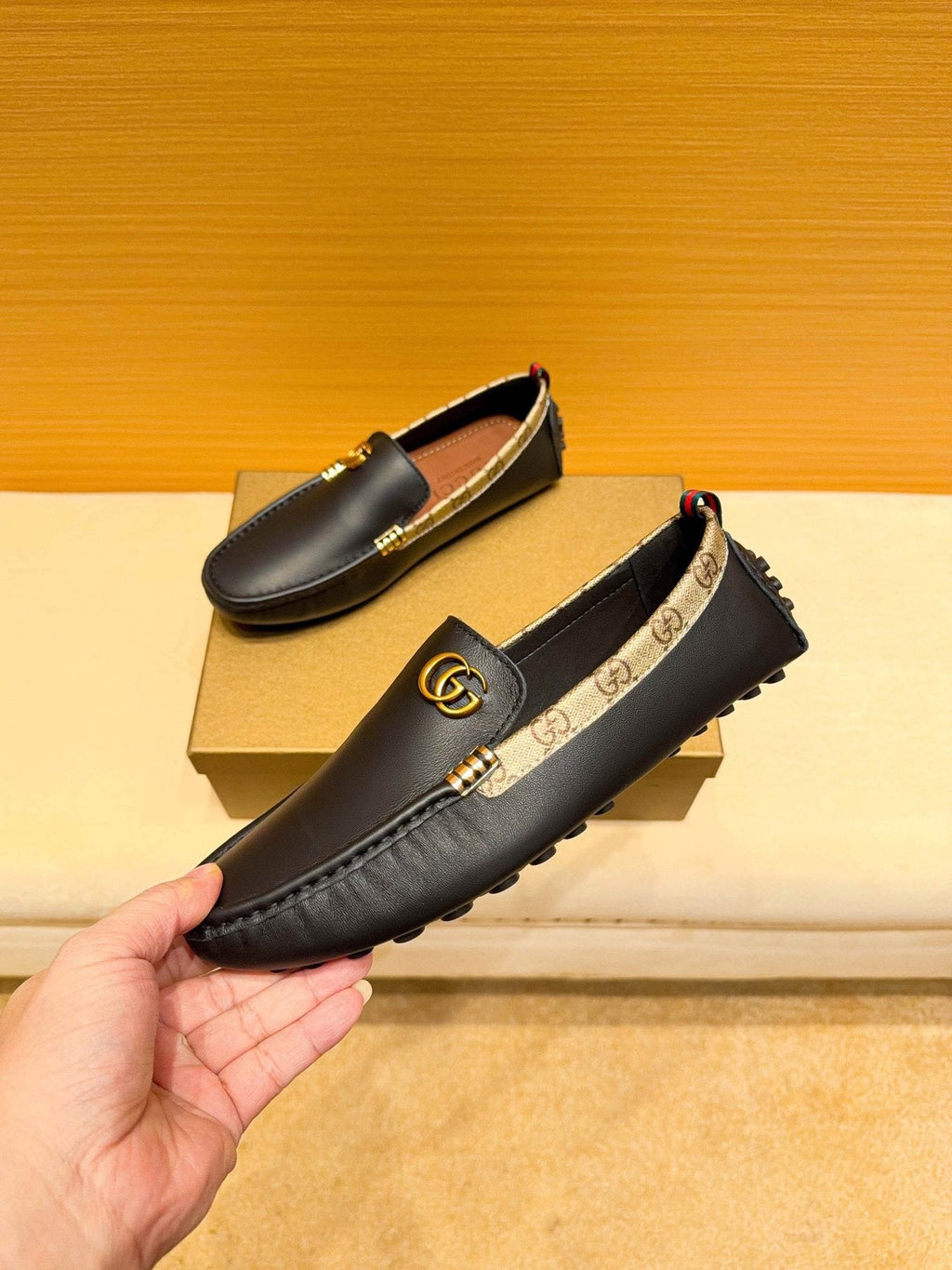 Gucci Black Loafers with Patterned Trim — side
