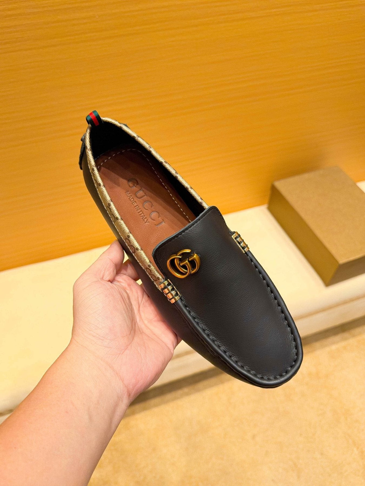 Gucci Black Loafers with Patterned Trim — front