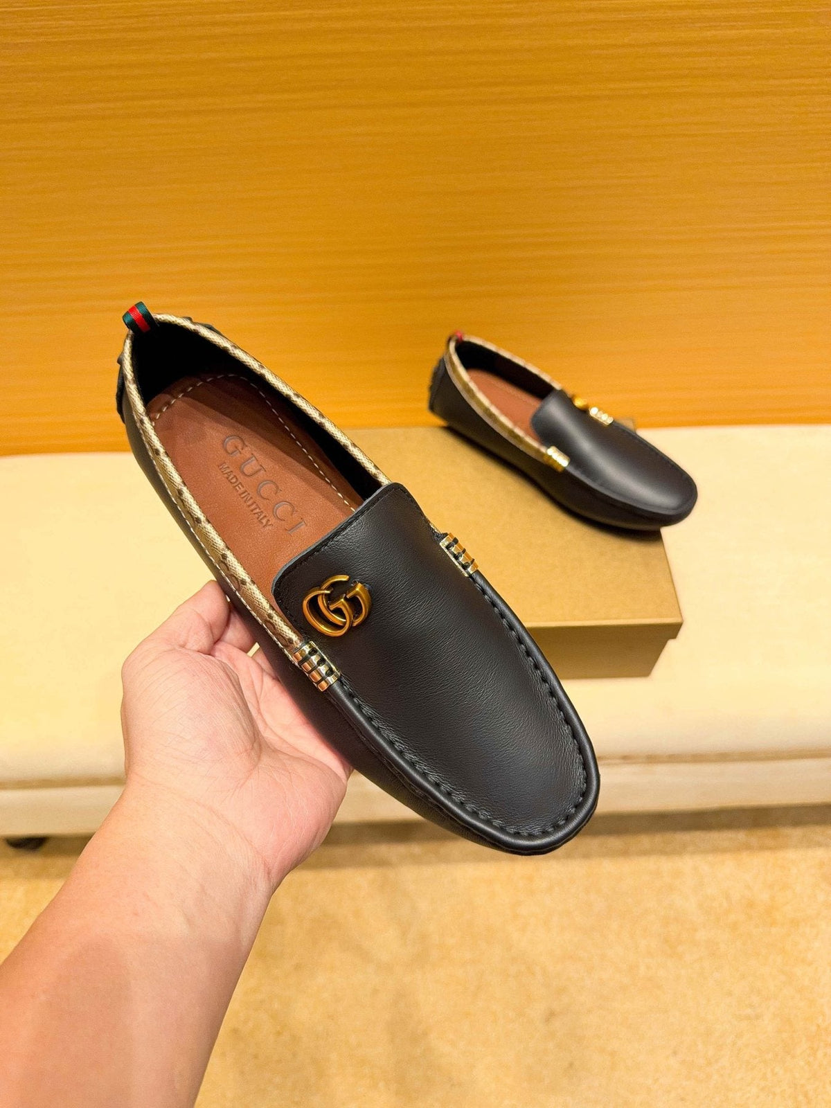 Gucci Black Loafers with Patterned Trim — front