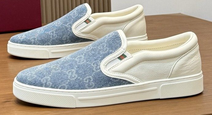 Gucci Blue Patterned Slip-On Sneakers — hero