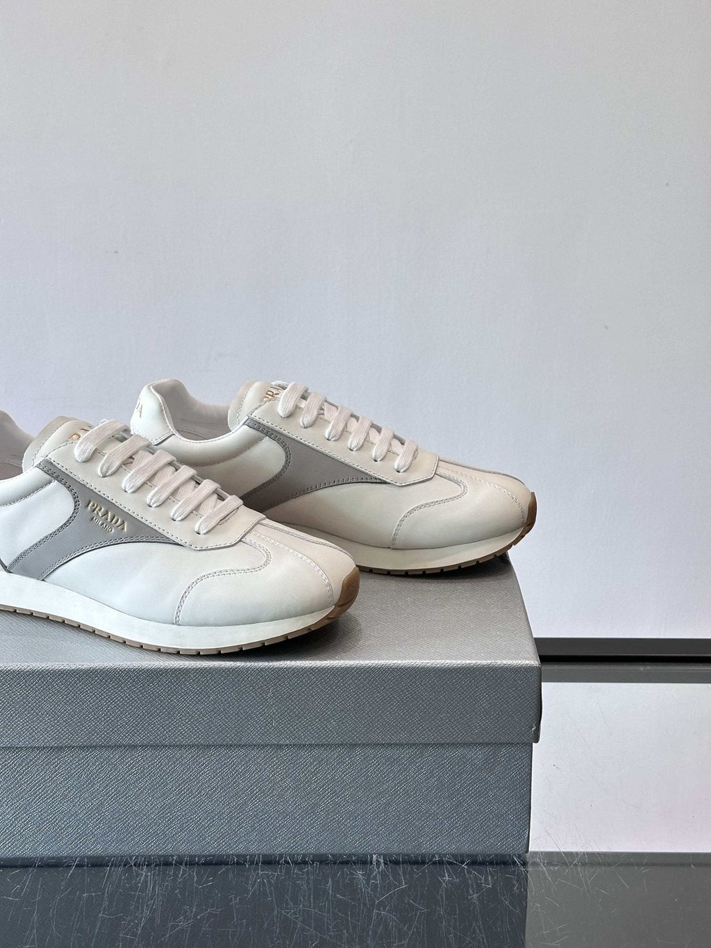 Prada White and Light Gray Sneakers — back